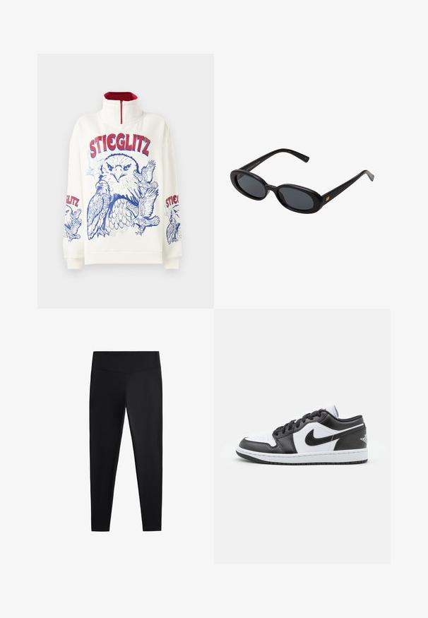 Bílá mikina s vysokým límcem a červeným zipem. Obsahuje modrou grafiku orla a text "STIEGLITZ" v červené a modré barvě.; Černé legíny vyrobené z hladkého, elastického materiálu. Mají široký pas a zúžený střih nohavic, vhodné pro aktivní nebo volnočasové nošení.; Černobílé nízké tenisky Nike mají hladký kožený svršek, kulatou špičku, šněrování a vzorovanou gumovou podrážku.; Černé oversized sluneční brýle s oválnými čočkami, hladkým plastovým rámem a zlatými akcenty na spáncích. Tmavé čočky poskytují ochranu před sluncem.
