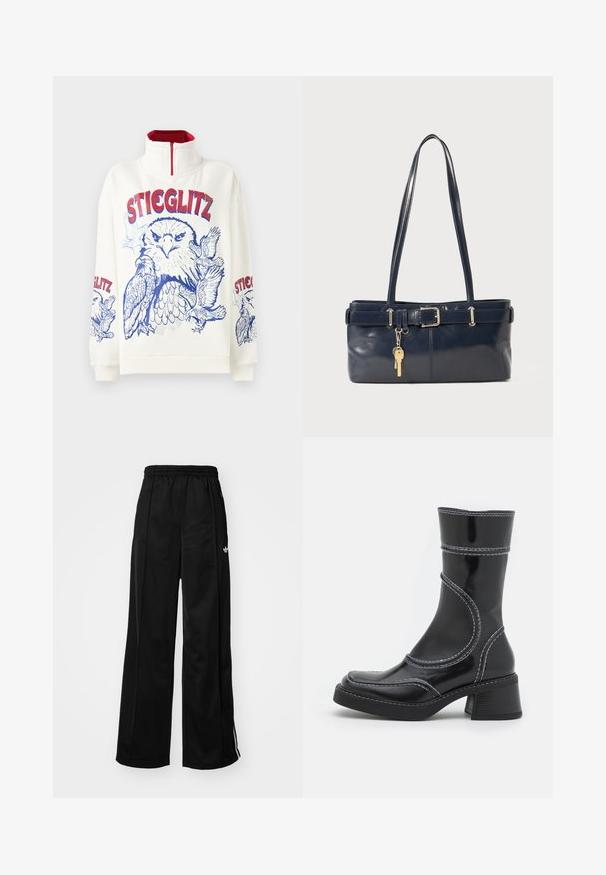 Sweatshirt branco com colar alto e fecho éclair vermelho. Apresenta uma impressão gráfica em azul de uma águia e o texto "STIEGLITZ" em vermelho e azul.; Calças de pista de perna larga pretas com um cós elástico, apresentando riscas brancas nas laterais e um pequeno logótipo no quadril esquerdo. Tecido de textura suave.; Bota de tornozelo em pele sintética preta com costura branca, bico redondo e salto bloco. Apresenta linhas de design curvas e uma textura suave.; Bolsa de couro azul-marinho com duas alças longas, um detalhe de fivela e um porta-chaves anexado. Apresenta uma textura suave e uma forma retangular.