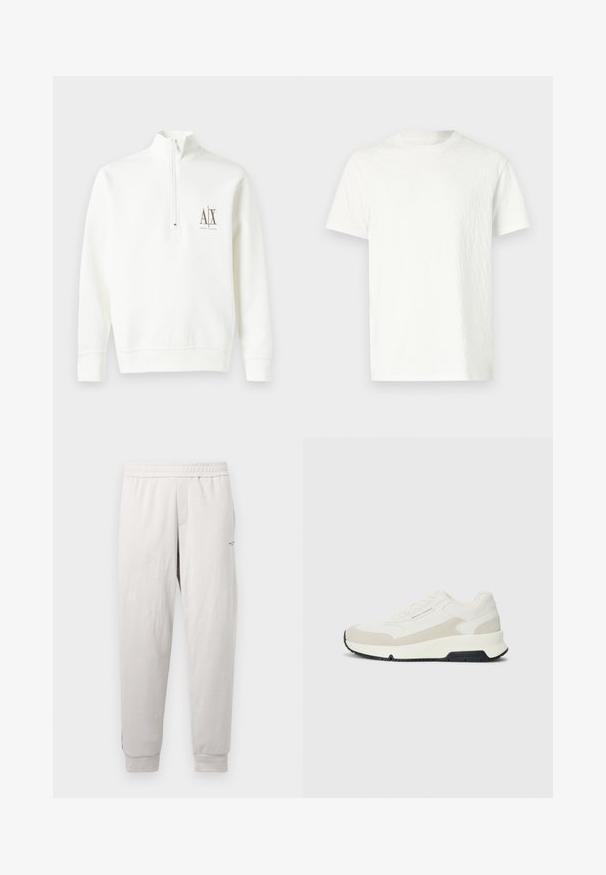 Sweatshirt branco com fecho de zip no pescoço, feito de um tecido suave. Apresenta um pequeno logótipo castanho no lado esquerdo do peito e uma bainha e punhos canelados.; T-shirt branca de manga curta com uma superfície ligeiramente texturizada e decote arredondado. Sem padrões visíveis ou detalhes em metais.; Calças de moletão cinza claro com uma cintura elástica, bolsos laterais, punhos canelados e uma marcação subtil na perna, feitas de um tecido suave.; Sapatilha baixa em branco e bege com atacadores à frente, sola preta e logótipo "Armani Exchange" na lateral e na sola.