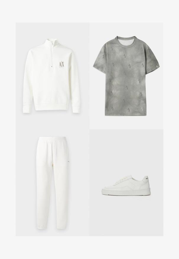 Sweat-shirt blanc à zip, fabriqué en tissu doux. Il présente un petit logo marron sur la poitrine gauche et un ourlet et des poignets côtelés.; T-shirt en coton gris avec un motif subtil de logo AX, encolure ronde, manches courtes et coupe décontractée. Texture lisse avec un style légèrement délavé.; Pantalons de survêtement blancs en tissu doux, avec une ceinture élastique, des jambes fuselées et un petit logo sur le côté gauche.; Baskets en cuir blanc avec une finition lisse, bout arrondi, lacets plats et semelle texturée. Présente un logo discret sur le talon.