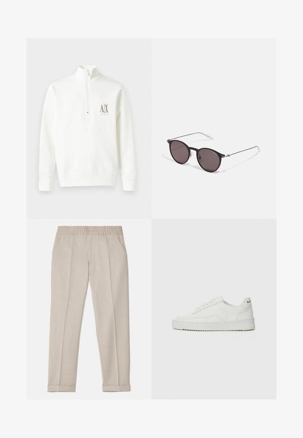 Sudadera blanca con cremallera en el cuello hecha de tela suave. Presenta un pequeño logo en el lado izquierdo del pecho en color marrón y un dobladillo y puños acanalados.; Filippa K TERRY CROPPED TROUSERS - Pantalones - sage melange; Zapatilla de cuero blanca con un acabado suave, puntera redonda, cordones planos y suela texturizada. Cuenta con un sutil logo en el talón.; Gafas de sol redondas negras con lentes oscuros y brazos metálicos delgados. Incluye puntas de varilla transparentes y acentos plateados en la bisagra. Diseño minimalista.