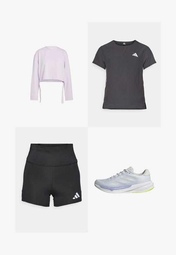 Svijetloplavi skraćeni dukserica s dugim rukavima, zaobljenim izrezom i bočnim vezicama. Mekana tekstura, glatka tkanina i minimalistički dizajn.; Majica kratkih rukava za sport, tamno siva s perforiranim uzorkom. Ima bijeli logo i kontrastne bočne pruge. Zaobljeni izrez.; adidas Performance Tajice - black; Bijela atletska cipela s prozračnom mrežicom, teksturiranim dizajnom i lavandom naglaskom. Ima podstavljen potplat s detaljima zelene boje na potplatu.