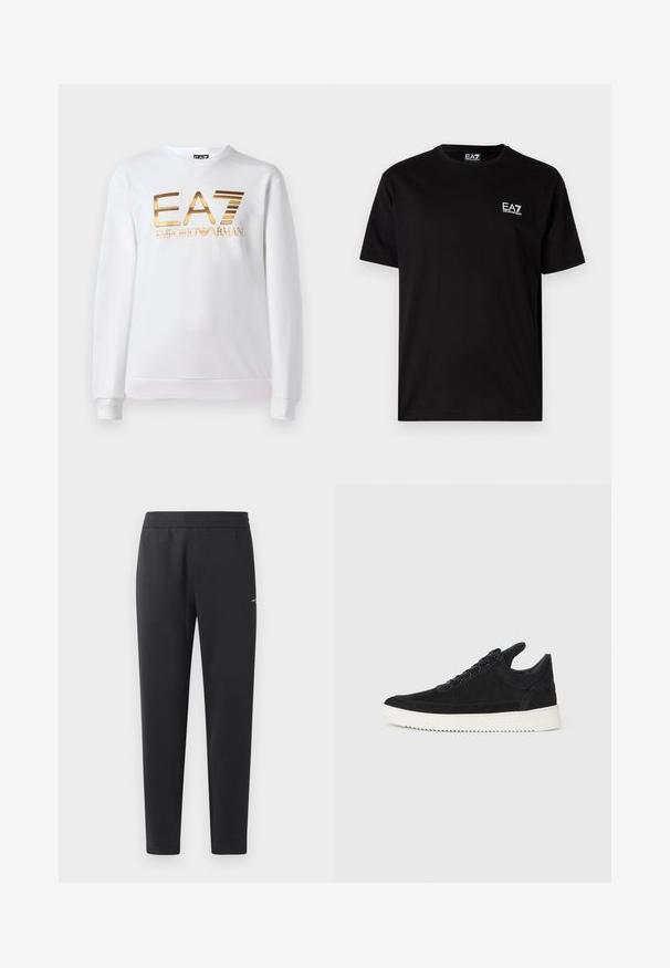 Balts kokvilnas džemperis ar garām piedurknēm un apaļu izgriezumu. Priekšpusē ir metāliska zelta logo "EA7 EMPORIO ARMANI".; Melna kokvilnas T-kreklu ar īsām piedurknēm, apļveida kakla izgriezumu un mazu baltu EA7 logotipu kreisajā krūtī. Gluda tekstūra, parasta piegriezuma.; Melni sporta bikses, kas izgatavotas no mīkstas auduma, ar elastīgu jostasvietu, taisnām kājām un nelielu logotipa detaļu sānos.; Melna zamša apavi ar baltu gumijas zoli, ar tonālu izšuvumu un auklu dizainu. Gluda tekstūra ar mūsdienīgu, plūstošu formu.