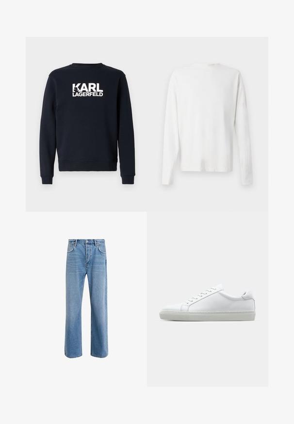 Sweatshirt navy à manches longues et col rond avec un logo "KARL LAGERFELD" blanc sur la poitrine. Texture de tissu douce.; Chemise en coton blanc à manches longues avec un col rond, fentes latérales en bas et une texture lisse, présentée de dos.; Jeans en denim bleu clair avec une coupe droite, cinq poches, fermeture à bouton, peu d'usure et des détails de couture contrastés.; Sneaker blanche avec une tige en cuir lisse et un profil bas. Présente un bout arrondi, six œillets et une semelle en caoutchouc texturé.