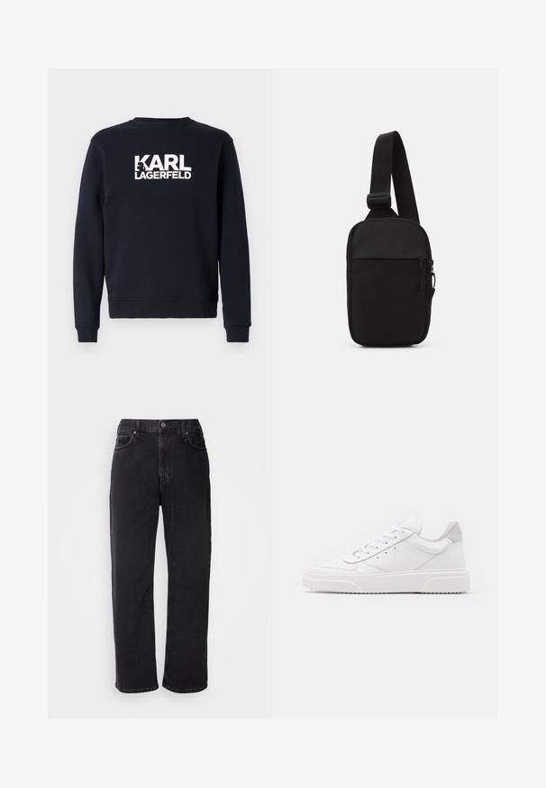Tengerészkék pulóver hosszú ujjakkal és kerek nyakkivágással, fehér "KARL LAGERFELD" logóval a mellrészen. Puha szövettextúra.; Fekete farmernadrág egyenes szabással, öt zsebbel és kontrasztos varrással. Gombos záródással és övbújtatókkal a derékrészen.; Fehér bőr sportcipő sima felülettel, kerek orral, lapos fűzőkkel és textúrált talppal. Szürke velúr díszítés a saroknál.; Fekete keresztpántos táska, tartós anyagból készült, egy állítható pánttal, cipzáras főrekesszel és elülső zsebbel.