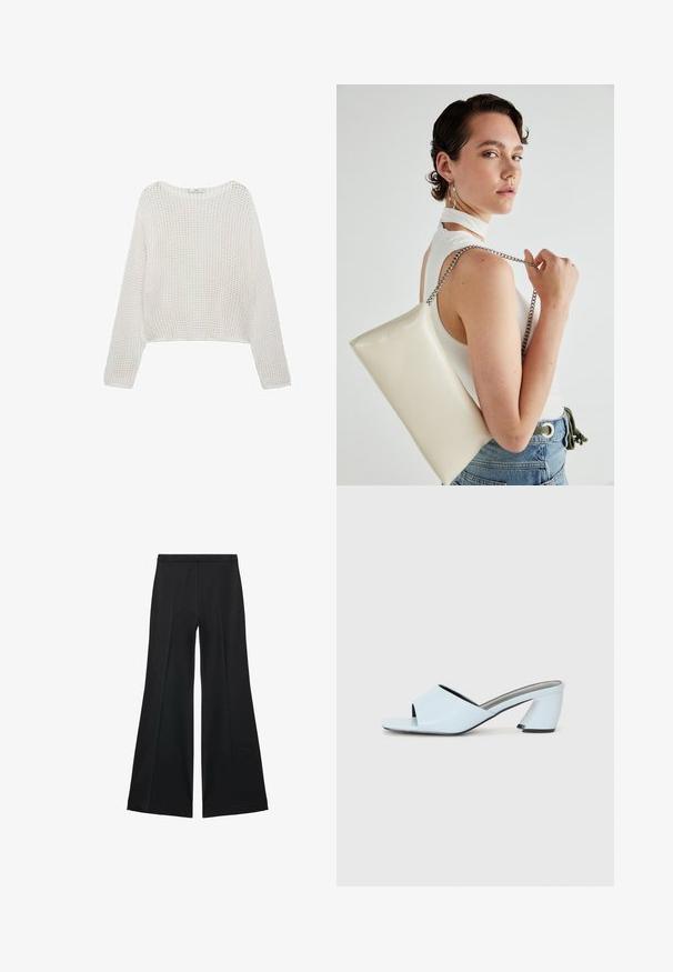 Witte, lange mouw gebreide trui met een losse, gestructureerde patroon en een cropped snit. Eenvoudige halslijn en ribbel detail aan de onderkant.; Zwarte wijde-pijpen broek met een gladde textuur, gekenmerkt door voorplooien en een op maat gemaakte uitstraling. De stof is lichtgewicht en vloeiend.; Lichtblauwe open teen hakmules met een geometrisch ontwerp, voorzien van een brede band over de voet en een forse, hoekige hak.; Witte rechthoekige clutch tas gemaakt van glanzend materiaal, met een zilveren kettingband. Model poseert en toont de tas tegen een effen achtergrond.