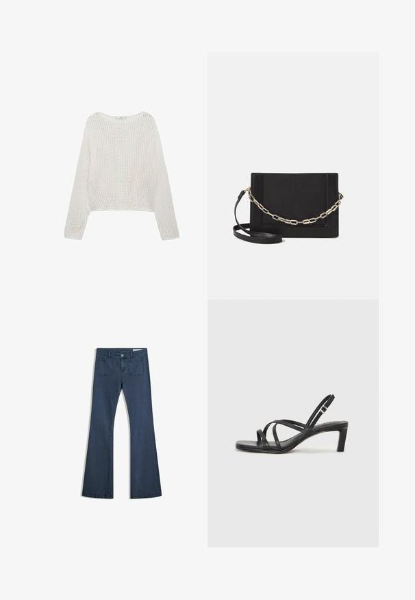 Witte, lange mouw gebreide trui met een losse, gestructureerde patroon en een cropped snit. Eenvoudige halslijn en ribbel detail aan de onderkant.; Donkerblauwe flare jeans van denim met gestikte zakken, een knoopsluiting en een soepele textuur. Beschikt over een klassieke vijfzakkenontwerp.; Zwarte sandaal met bandjes, vierkante teen en een lage blokhak. Voorzien van meerdere dunne bandjes en een verstelbare enkelband. Gemaakt van zacht leer.; Zwarte leren schoudertas met een gladde textuur, rechthoekige vorm en een metallic kettingdetail aan de voorkant. Verstelbare schouderband inbegrepen.