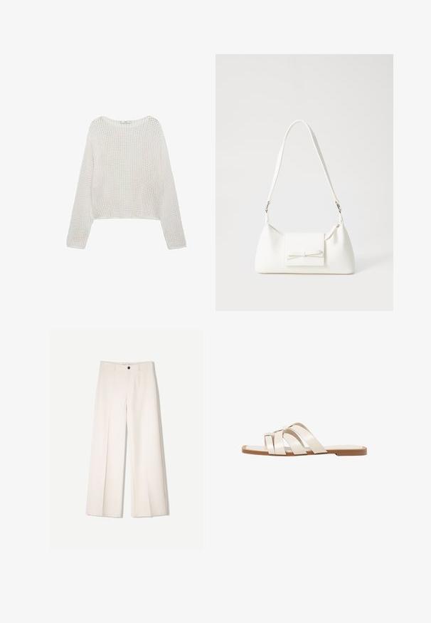 Pull en tricot blanc à manches longues avec un motif texturé lâche et une coupe courte. Encolure simple et détail de bord-côte.; Pantalons larges crème avec un design ajusté, comportant deux poches avant et une fermeture à un bouton sur le devant, fabriqués en tissu lisse.; Sandales plates avec une semelle en caoutchouc beige, conçues avec trois brides en cuir blanc se chevauchant et un petit nœud au centre.; Sac à main synthétique blanc en forme triangulaire, avec un rabat avant plat et un détail en nœud, une bandoulière ajustable, une texture lisse et un design minimaliste.