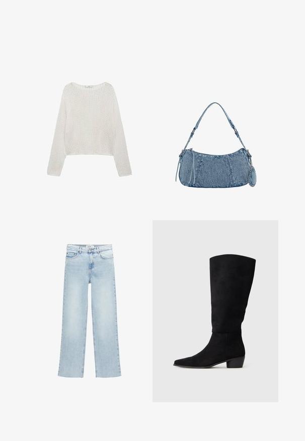 Weißer Strickpullover mit langen Ärmeln, lockerem, strukturiertem Muster und cropped Schnitt. Schlichte Halslinie und gerippte Säume.; Helle blaue, weite Jeans aus Denim mit hoher Taille, fünf Taschen und einem Knopfverschluss. Verfügt über minimale Nahtdetails.; Schwarze Wildlederkniehohe Stiefel mit niedrigem Blockabsatz und spitzem Schuh, seitlich dargestellt auf einem schlichten hellgrauen Hintergrund.; Denim-Handtasche mit geschwungener Form, hellblauer Farbe, verstellbarem Schultergurt und einem kleinen abnehmbaren Täschchen mit metallischen Akzenten.