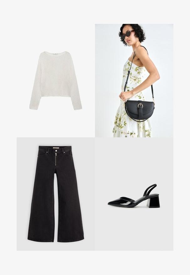 Bela, dolgorasna pletena pulover s ohlapnim, teksturiranim vzorcem in skrajšano dolžino. Preprosta ovratnica in detajl z rebri na robu.; Široke traperice iz črnega denima z zadrgo spredaj, petimi žepi in diskretnimi šivi. Gladka tekstura in ležeren slog.; Črne lakirane slingback pete s koničastim nosom in geometrijsko blokasto peto. Imajo eleganten, minimalističen dizajn in gladko teksturo.; Črna usnjena torbica s ukrivljeno obliko, z odstranljivo naramnico in zlatimi dodatki. Torbica ima pokrov s podrobnostmi v obliki zaponke.