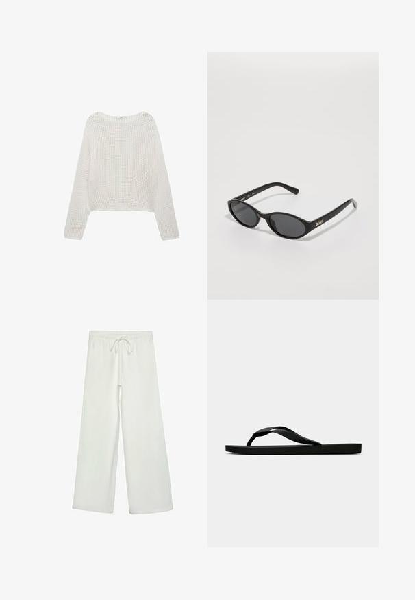 Bijela, dugačka pletena majica s dugim rukavima, labavog, teksturiranog uzorka i skraćenog kroja. Jednostavna izreza i rebrasti rub.; Bijele hlače širokog kroja od mekog materijala. Imaju elastični pojas s vezicom i glatku teksturu. Nema vidljivih uzoraka ili metalnih dijelova.; Crne gumene japanke s teksturiranim remenom i jednostavnom ravnom potplatom, prikazane s strane na jednostavnoj svijetloj pozadini.; Crne sunčane naočale s zaobljenim lećama, sjajnim plastičnim okvirom i zlatnim "QUAY" logotipom sa strane. Imaju tamno obojene leće.