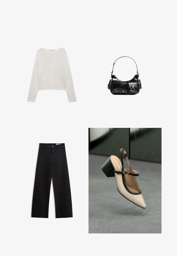 Valkoinen, pitkähihainen neulepaita, jossa on löysä, teksturoitu kuvio ja lyhennetty leikkaus. Yksinkertainen kaulus ja ribbaushelma.; Mustat leveät farkut korkealla vyötäröllä, joissa on etu- ja takataskut, ommellut saumat ja nappisuljenta. Silkinoinen rakenne.; Beige slingback-kengät, joissa on musta reuna, kultahakas, ja paksu lohkoheel, harmaalla lattialla tummanvihreää taustaa vasten.; Mustekko mustasta kiiltonahasta valmistettu käsilaukku, jossa on kaareva muoto, yksi olkahihna, etutaskut ja hopeanväriset yksityiskohdat.
