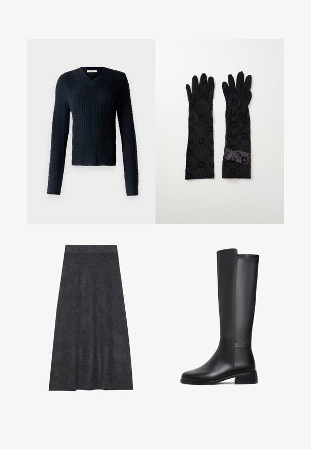 Jersey de punto azul oscuro con escote en V, mangas largas, patrón acanalado texturizado y un dobladillo ligeramente corto.; Falda de punto gris oscuro, hasta la rodilla, con una textura suave y una cinturilla. Silueta en A con dobladillo uniforme, diseñada para la comodidad y versatilidad.; Bota de cuero negro hasta la rodilla con textura suave, puntera redondeada, taco bajo y un sutil detalle de costura a lo largo del costado.; Guantes negros hechos de tela transparente con patrones texturizados de flores y círculos. Diseño largo con un acabado suave y etiqueta en uno de los guantes.
