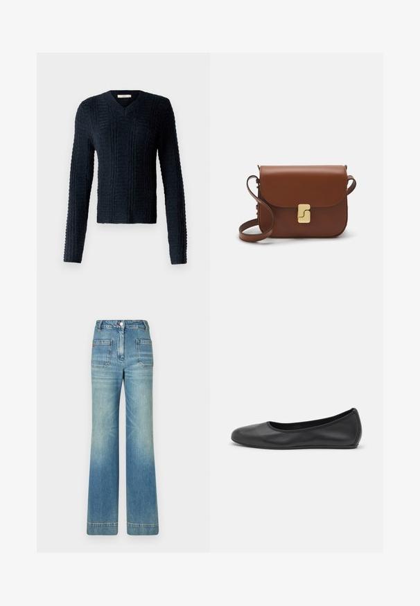 Maglione lavorato a maglia blu scuro con scollatura a V, maniche lunghe, motivo a coste strutturate e orlo leggermente corto.; T-shirt bianca a maniche corte realizzata in tessuto a costine. Collo rotondo, vestibilità regolare e dettagli di cucitura sottili. Senza motivi o grafiche.; Jeans a zampa d'elefante in denim azzurro chiaro con cinque tasche, passanti per cintura, chiusura con bottone e una trama leggermente sbiadita, caratterizzati da un dettaglio con logo rosso sul retro.; Pantofole da balletto nere in pelle con punta arrotondata, texture liscia, dettagli di cucitura minimi e design con suola flessibile.; Borsa a tracolla in pelle marrone con chiusura a pattina, hardware color oro, tracolla e una finitura liscia. Forma rettangolare compatta.