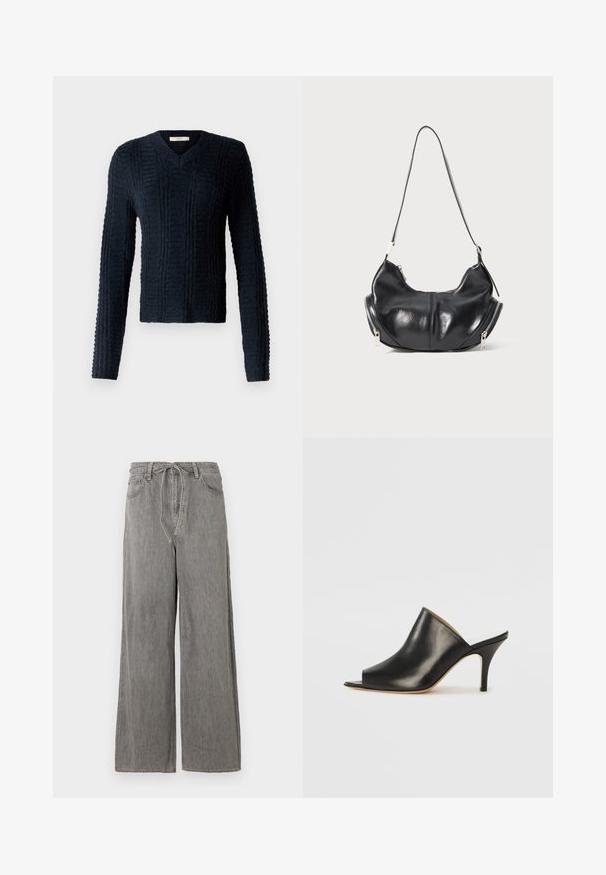 Tmavě modrý pletený svetr s výstřihem do V, dlouhými rukávy, texturovaným žebrovaným vzorem a mírně zkráceným lemem.; Široké šedé džíny s vysokým pasem, se šňůrkou, dvěma předními kapsami a jemným prošíváním.; Černé kožené otevřené muly s elegantním, zakřiveným designem, vysokým jehlovým podpatkem a hladkou texturou. Interiér má kontrastní světlou barvu.; Černá kožená taška ve tvaru půlměsíce s stříbrnými zipy po obou stranách a jedním popruhem.