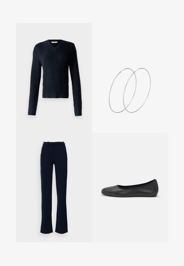 Ciemnoniebieski sweter dzianinowy z dekoltem w serek, długimi rękawami, teksturowanym wzorem ściągacza i lekko skróconym dołem.; Granatowe spodnie o prostym kroju, wykonane z gładkiej tkaniny, z paskami na pasek i zapięciem na zamek z przodu.; Czarne skórzane baletki z zaokrąglonym noskiem, gładką fakturą, minimalnymi przeszyciami i elastycznym designem podeszwy.; Srebrne kolczyki w formie obręczy o minimalistycznym designie. Okrągły kształt, gładka faktura i cienki profil. Lekkie, z polerowanym wykończeniem.