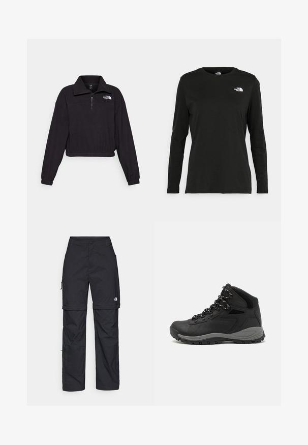 Giacca in pile nera cropped con colletto a zip, orlo elasticizzato e maniche lunghe. Presenta un logo bianco sul lato sinistro del petto.; T-shirt nera a maniche lunghe in cotone con colletto rotondo. Presenta un piccolo logo bianco sul lato sinistro del petto. Design semplice e vestibilità comoda.; Pantaloni cargo in nylon nero con zip rimovibile, polsini regolabili, molteplici tasche e un logo sulla gamba destra. Tessuto liscio e leggero.; Stivale da trekking nero con design a metà altezza, dotato di una tomaia texturizzata, accenti grigi e suola in gomma resistente con tasselli per la trazione.