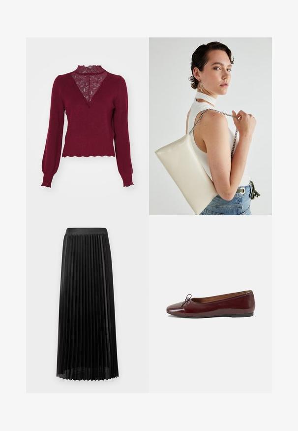 Burgundia värvi sviiter pitsist paneeli ja lainelise äärega. Pikad varrukad ribitud mansettidega. Omab V-kaeluse disaini ja tekstureeritud kootud struktuuri.; Korrigeeritud must seeliku, millel on sile vöökoht, valmistatud kergest kangast. Omab teravaid, vertikaalseid voldikuid ja keskmise vasika pikkuse disaini.; Burgundi patendnahk kingad balletitüüpi, ümmarguse ninaosa, ees väike paelaaktsent ja madal must kummist tald. Sile tekstuur.; Valge ristkülikuline kotti, mis on valmistatud läikivast materjalist, hõbedase ahelsangaga. Mudel poseerib, tutvustades kotti ühtlase taustaga.