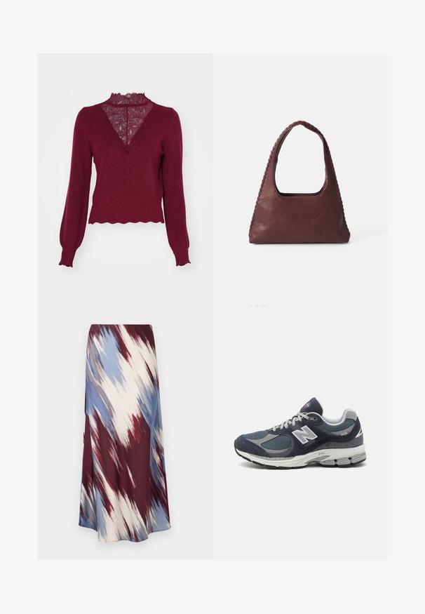 Burgundia värvi sviiter pitsist paneeli ja lainelise äärega. Pikad varrukad ribitud mansettidega. Omab V-kaeluse disaini ja tekstureeritud kootud struktuuri.; Pikad seelik, millel on diagonaalne tie-dye muster burgundia, sinise ja kreemja värviga, valmistatud pehmest kangast, omades voolavat siluetti ja kerget sära.; New Balancei tennisetud sinise nailonvõrgu ja seemisnahaga, hallide aktsentidega, valgete logodega, pehmendatud tallaga ja tekstuursete detailidega.; Burgundia nahkkott, millel on kolmnurkne kuju, avatud ülemine osa ja palmikdetail käepideme ääres. Sile tekstuur ja matt viimistlus.