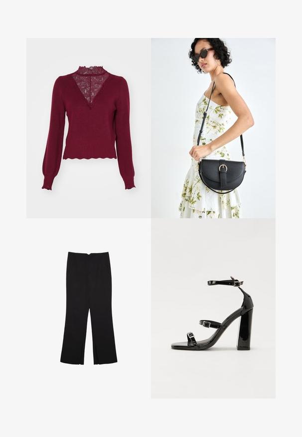 Bordový svetr s krajkovou vložkou a zvlněným lemem. Dlouhé rukávy s žebrovanými manžetami. Disponuje designem do V a texturovaným pletením.; Černé kalhoty s rovným střihem, s předními kapsami a bočními rozparky na lemu. Vyrobené z jemné, hladké tkaniny. Vhodné na různé příležitosti.; Černé lakované sandály na podpatku se čtveratou špičkou, lýtkovými pásky a stříbrnými přezkami. Disponují masivním blokovým podpatkem pro stabilitu.; Černá kožená kabelka s křivkovým tvarem, odnímatelným popruhem a zlatými detaily. Kabelka má klopu s přezkou.