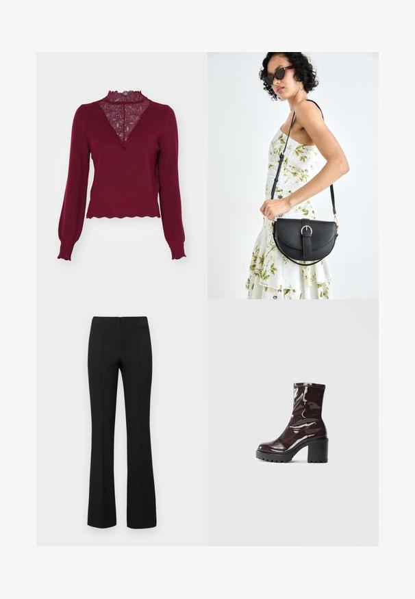 Burgundy sweater with a lace panel and scalloped hem. Long sleeves with ribbed cuffs. Features a V-neck design and textured knit.; Black flared trousers with a ribbed texture and fitted waist. The design features vertical seams for a streamlined look. No visible hardware.; Glossy burgundy ankle boot with a chunky black heel, featuring a smooth texture and simple design. No visible fastenings or patterns.; Black leather handbag with a curved shape, detachable strap, and gold hardware. The bag features a flap with a buckle detail.