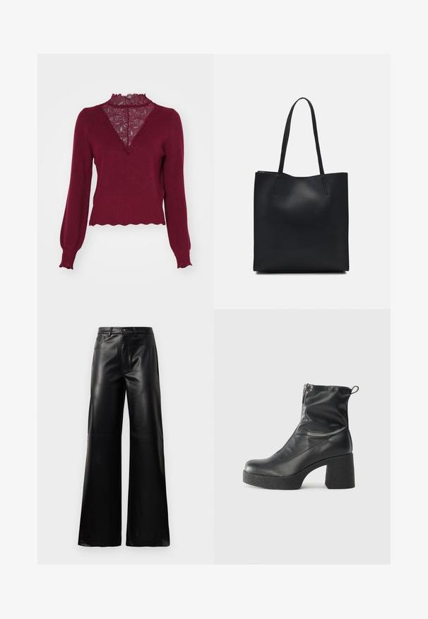 Sweater borgonha com um painel de renda e bainha em formato de ondas. Mangas longas com punhos canelados. Apresenta um design com decote em V e malha texturizada.; Calças largas de imitação de couro pretas, de cintura alta, com botão frontal, fecho de correr, passadores de cinto e bolsos laterais sobre fundo branco.; Botas de tornozelo pretas feitas de couro liso, com fecho lateral, salto grosso texturizado e design de bico arredondado.; Bolsa tote preta em couro com textura lisa, forma retangular e duas alças longas. Sem hardware ou enfeites visíveis.