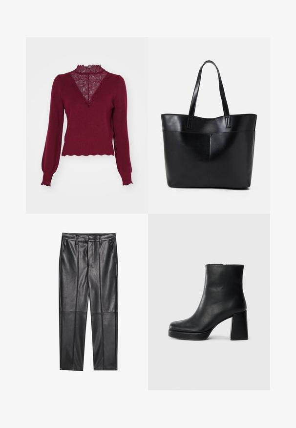 Suéter burdeos con un panel de encaje y dobladillo con borde ondulado. Mangas largas con puños acanalados. Presenta un diseño de cuello en V y tejido texturizado.; Pantalones de cuero negros con una textura suave, con un corte recto, dos bolsillos frontales y detalles de costura visibles.; Botín de cuero negro con tacón cuadrado y suela de plataforma, visto de lado sobre un fondo blanco liso.; Bolso tote de cuero negro con dos asas largas, textura suave y forma estructurada. Cuenta con un bolsillo frontal para almacenamiento adicional.