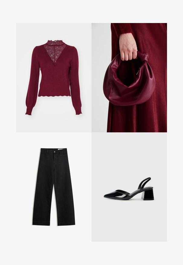 Burgundy sweater with a lace panel and scalloped hem. Long sleeves with ribbed cuffs. Features a V-neck design and textured knit.; Black wide-leg denim pants with a high waist, featuring front and back pockets, stitched seams, and a button closure. Smooth texture.; Black patent leather slingback heels with a pointed toe and a geometric block heel. Features a sleek, minimal design and smooth texture.; Burgundy leather handbag with a soft, gathered design and a rounded shape. The handle is secured, showcasing a smooth texture.