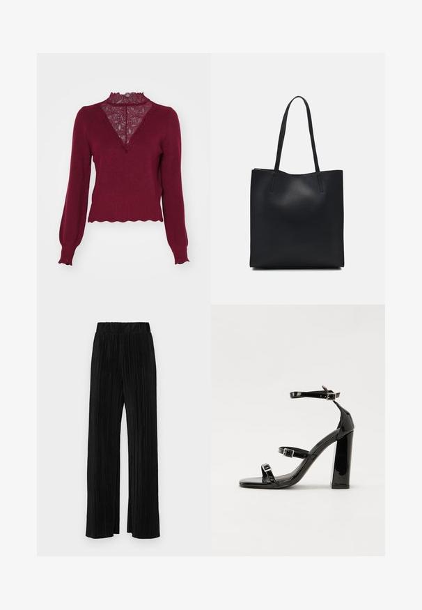 Bordo pulover s čipkastim panelom i valovitim rubom. Dugi rukavi s rebrastim manžetama. Ima V-izrez i teksturirani pletenac.; Crne plisirane hlače s elastičnim pojasom. Imaju široke nogavice i glatku, teksturiranu tkaninu s vertikalnim prugama.; Crne lakirane sandale na pete sa kvadratnim nosom, trakama oko gležnja i srebrnim kopčama. Imaju čvrst blok petu za stabilnost.; Crna kožna torba za nošenje s glatkom teksturom, pravokutnim oblikom i dvije duge ručke. Nema vidljivih metalnih dijelova ili ukrasa.