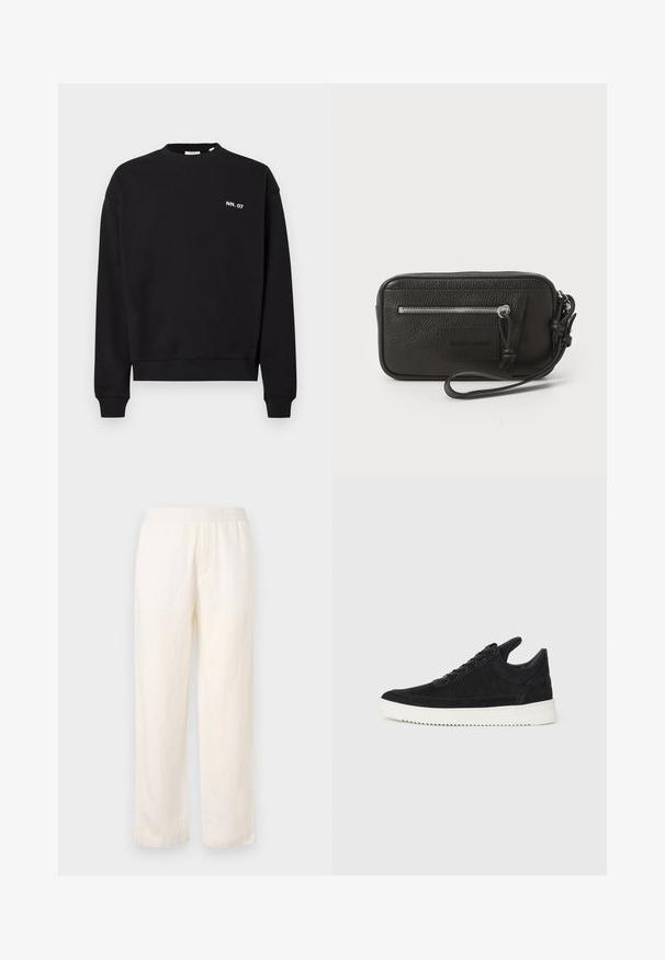 Sudadera negra de algodón, con cuello redondo y mangas largas. Incluye un pequeño logo blanco en el área del pecho izquierdo.; Pantalones ligeros de color crema con cinturilla elástica, diseño de pierna recta y textura sutil. No cuenta con bolsillos visibles.; Zapatilla de ante negra con suela de goma blanca, que presenta costuras en el mismo tono y un diseño de cordones. Textura suave con una forma moderna y aerodinámica.; Clutch de cuero negro con superficie texturizada, bolsillo delantero con cremallera y correa de muñeca desmontable. Presenta una etiqueta de logo en el frontal. Forma rectangular.