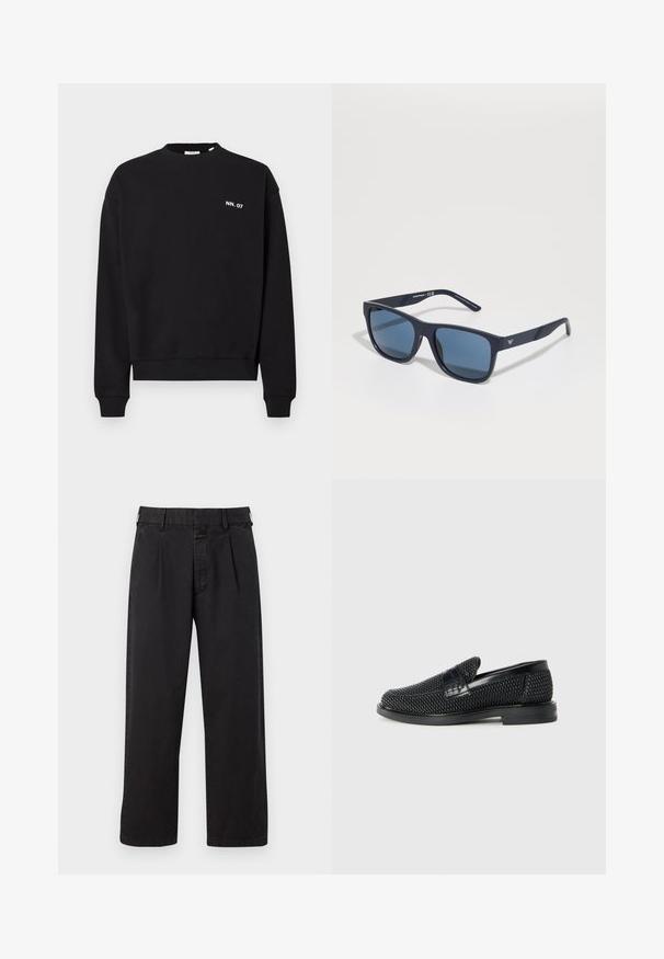 Felpa nera in cotone, con collo rotondo e maniche lunghe. Presenta un piccolo logo bianco nella zona sinistra del petto.; Pantaloni neri in cotone con taglio dritto, dotati di una parte anteriore plissettata, passanti per cintura e chiusura con bottone. Texture liscia senza motivi.; Scarpa nera a mocassino intrecciata con un accentuato in pelle liscia sulla parte superiore, design a punta rotonda e suola in gomma a profilo basso.; Occhiali da sole rettangolari blu con lenti scure, montatura opaca blu navy, dettaglio del logo sulla tempia, aste dritte e una texture solida e liscia.