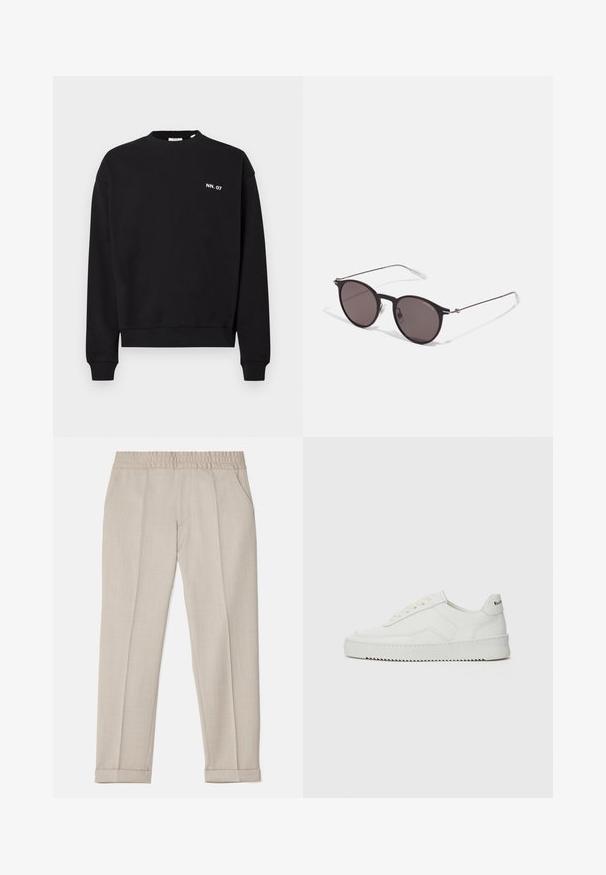 Sweatshirt noir en coton, avec un col rond et des manches longues. Il comporte un petit logo blanc sur la poitrine gauche.; Filippa K TERRY CROPPED TROUSERS - Pantalon classique - sage melange; Baskets en cuir blanc avec une finition lisse, bout arrondi, lacets plats et semelle texturée. Présente un logo discret sur le talon.; Lunettes de soleil noires rondes avec verres sombres et branches en métal fines. Comprend des embouts transparents et des accents argentés au niveau de la charnière. Design minimaliste.