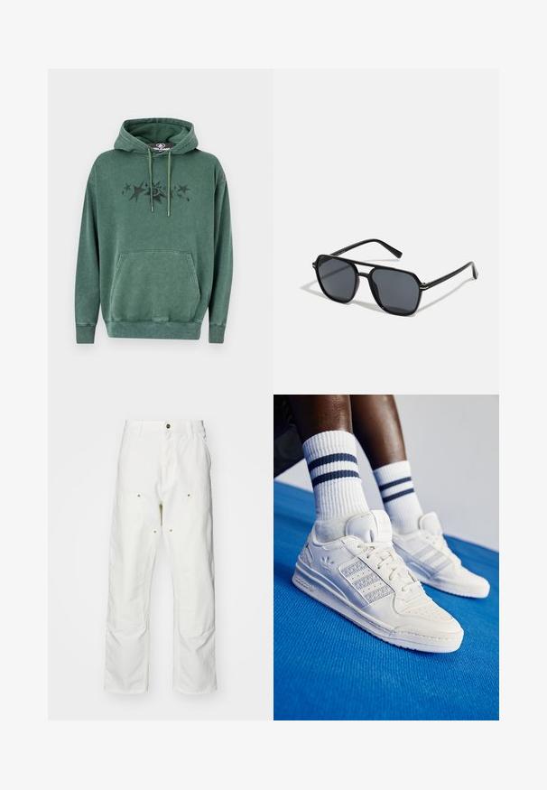 Zaļš džemperis ar auklu kapuci, priekšējo kabatu un zvaigžņu rakstu uz krūtīm. Audumam ir mīksta, nēsāta tekstūra.; Baltas kokvilnas kargo bikses ar brīvu piegriezumu. Iezīmes ietver priekšējās kabatas, zeltītas detaļas un pastiprinātas ceļa daļas.; Baltas ādas sneakeri ar perforētiem akcentiem, trim metāliskiem svītrām un strukturētu sānu paneļu. Valkāti ar baltiem zeķēm, uz kurām ir zilas svītras.; Melnas saules brilles ar astoņstūra rāmī, tumšiem stikliem, spīdīgu apdari, plānām kājām un zelta akcentiem priekšpusē.