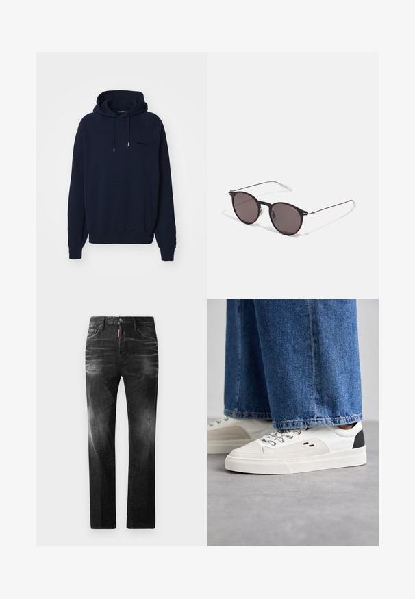 Felpa con cappuccio blu navy, dotata di tasca frontale, cappuccio con coulisse e maniche raglan. Presenta un logo discreto sul lato sinistro del petto.; Jeans in denim nero con vestibilità dritta. Presentano aree sbiadite, leggeri segni di usura, classico design a cinque tasche e chiusura con bottone.; Sneaker bianche e nere con parte superiore in pelle liscia, dettagli testurizzati e suola bianca spessa. Presentano un classico design con lacci.; Occhiali da sole neri rotondi con lenti scure e sottili bracci in metallo. Include punte trasparenti e accenti argentati alla cerniera. Design minimalista.