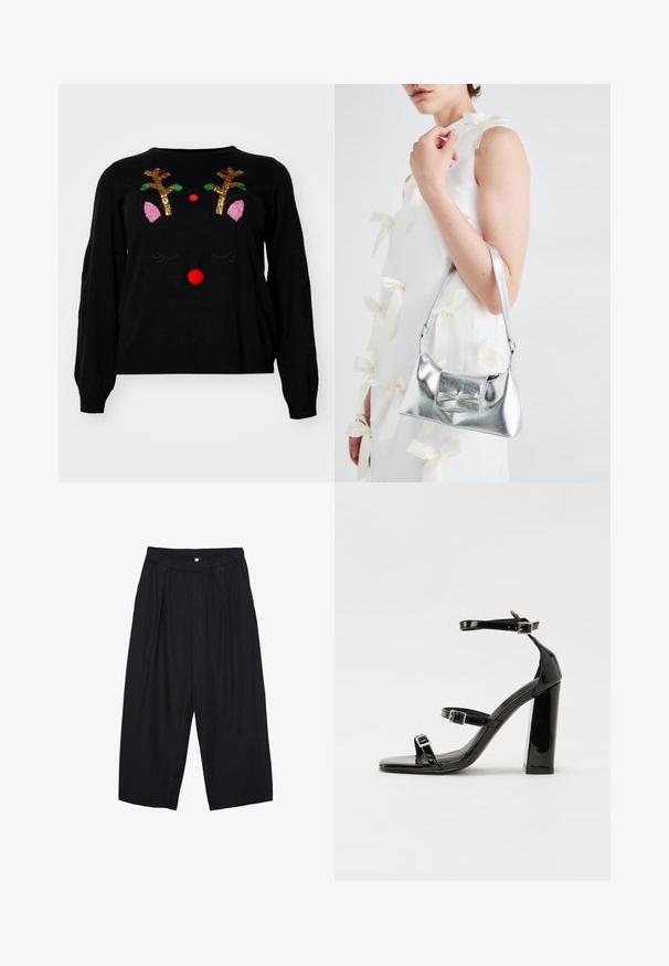 Maglione nero con design di renne, corna con paillettes, naso rosso a pompon e dettagli sulle orecchie in rosa. Texture morbida, maniche lunghe.; Pantaloni culotte neri in poliestere con una cintura elastica, due pieghe frontali e una silhouette ampia. Nessun motivo visibile o dettagli in metallo.; Sandali con tacco in vernice nera, con punta squadrata, cinturini alla caviglia e fibbie in argento. Presentano un tacco a blocco spesso per maggiore stabilità.; Borsa a mano metallica argento con forma strutturata, dotata di manico superiore e dettaglio a fiocco sulla parte frontale. Texture liscia e finitura riflettente.