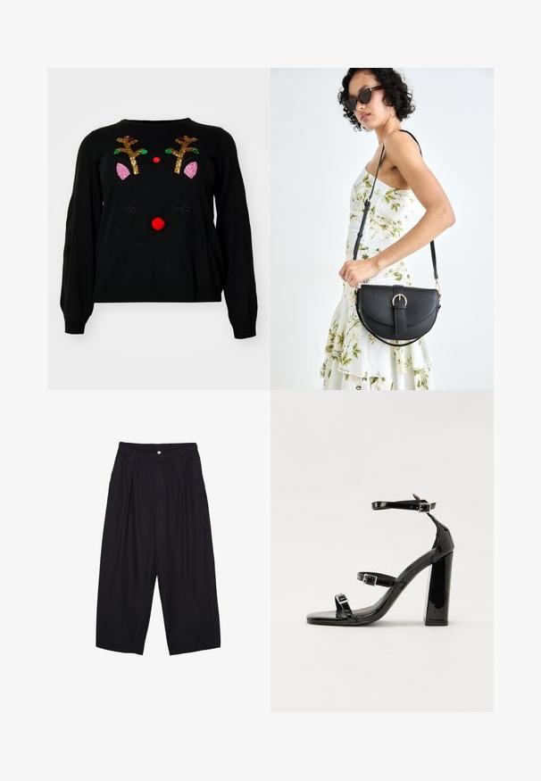 Czarny sweter z motywem renifera, z odblaskowymi rogami, czerwoną pomponową noskiem i różowymi akcentami na uszach. Miękka faktura, długie rękawy.; Czarne spodnie culotte z poliestru z elastycznym pasem, dwoma fałdami z przodu i luźnym krojem. Brak widocznych wzorów lub elementów metalowych.; Czarne lakierowane sandały na obcasie z kwadratowym noskiem, z paskami wokół kostki i srebrnymi klamrami. Posiadają masywny słupek dla stabilności.; Czarna skórzana torebka o zakrzywionym kształcie, z odpinanym paskiem i złotymi akcentami. Torebka posiada klapę z zapięciem w kształcie klamry.