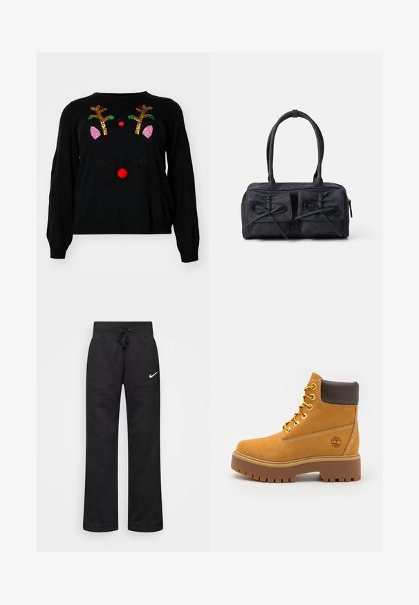 Schwarzer Pullover mit Rentierdesign, verziert mit glitzernden Geweihen, einer roten Pom-Pom-Nase und rosa Ohrenakzenten. Weicher Stoff, lange Ärmel.; Schwarze Sweatpants aus einem Baumwollmix, mit einem Kordelzugbund, geraden Beinen und einem weißen Nike-Logo auf der linken Seite.; Beige, wasserdichte Stiefelette mit einer robusten Gummisohle, runder Zehenpartie, braunem Lederkragen, gelben Schnürsenkeln und einem Logo an der Seite.; Schwarze Stoffhandtasche mit zwei vorderen Taschen, die mit Schleifendetails versehen sind, doppelten Griffen und einem Reißverschluss. Weiche Textur und rechteckige Form.
