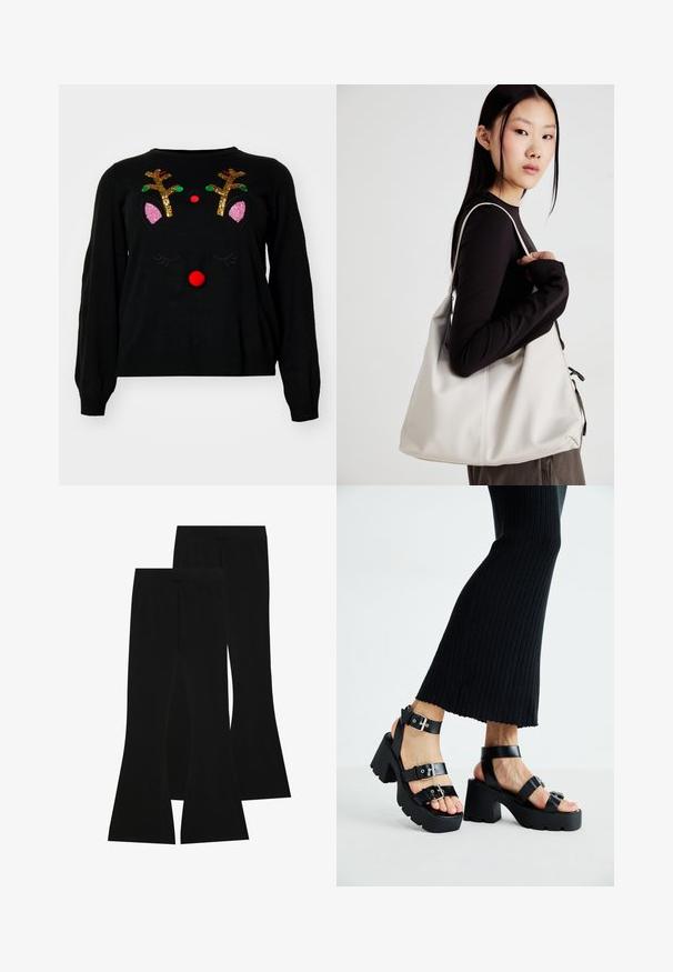 Pulover negru cu design de rena, cu coarne decorate cu paiete, un nas roșu de pompon și accente roz pentru urechi. Textură moale, mâneci lungi.; Pantaloni negri evazați din țesătură elastică, cu un talie înaltă și o textură fină, având un design ajustat care se lărgește de la genunchi.; Sandale negre cu platformă, cu talpă groasă și adâncă, având multiple curele, care includ catarame din metal și un aspect neted, asemănător cu pielea.; Geantă bej din material moale, cu un design lejer, detalii cusute și două bretele pentru umăr. Potrivită pentru utilizarea zilnică.