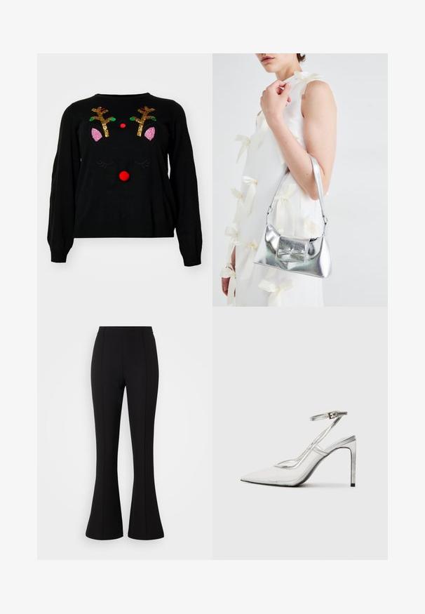 Sweater preto com design de rena, com chifres em lantejoulas, um nariz pompom vermelho e detalhes nas orelhas em rosa. Textura suave, mangas longas.; Calças largas pretas feitas de um tecido elástico, com uma textura suave, cintura alta e detalhes de costura na frente.; Shoe com salto stiletto claro e bico fino, material transparente, detalhes metálicos prateados e tira ajustável no tornozelo.; Bolsa metálica prateada com uma forma estruturada, apresentando uma alça superior e um detalhe de laço na frente. Textura suave, acabamento reflexivo.