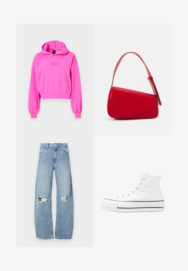 GAP LOGO CROPPED - Pulover s kapuco - standout pink; Svijetloplave traperice visoki struk. Imaju široke nogavice, dva poderana područja na koljenima i klasičan petotoksi stil.; Beli visoki platneni športni čevelj z črnim gumijastim podplatom, sprednjim gumijastim zaščitnikom za prste in šestimi luknjicami za vezalke, ki se ponaša s preprostim, minimalističnim dizajnom.; Rdeča usnjena torba z angularnim, geometrijskim dizajnom. Ima en samostoječ nastavljiv ročaj in pokrov, zaprt z zapiranjem, ki je okrašen s šivi.