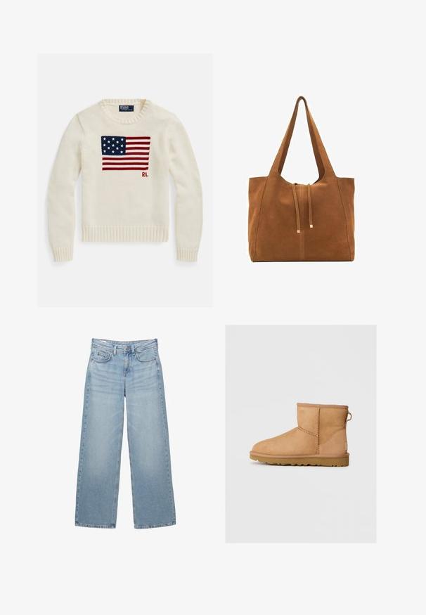 Cremegennert striktrøje med stort amerikansk flagdesign og "RL" initialer strikket på forsiden, rund hals og ribbestrikkede manchetter og kant.; Hvid t-shirt i bomuld med korte ærmer, rund halsudskæring og løs pasform. Materialet virker glat uden synlige mønstre eller grafik.; Lyseblå denim bukser med vide ben og høj talje, fem lommer og diskret slid, med en metalknap og bæltestropper.; Brune suede ankelstøvle med rund tå, stikninger, en pull tab bagpå og en tekstureret gummisål. Designet til komfort og varme.; Brun ruskinds-tote med to lange stropper, snørelukning og minimalistisk design. Glat tekstur og ingen synlige hardware-detaljer.