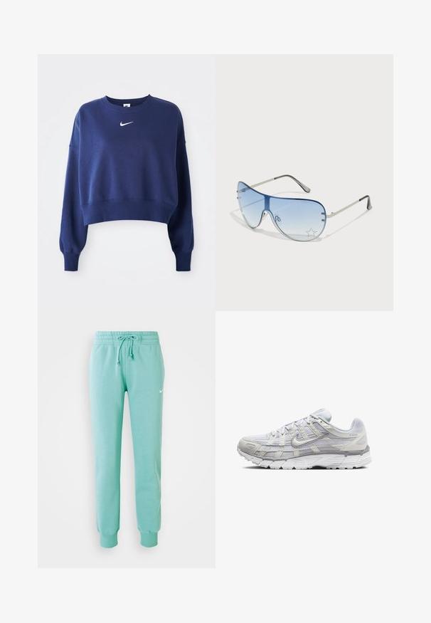 Marinblå kortärmad sweatshirt i mjukt material, med rund hals, långa ärmar och en vit Nike-logotyp på bröstet.; Myntgröna sweatpants med elastisk midja, dragsko och ribbade ärmar. Har en liten vit Nike-logotyp på vänster lår.; Ljust grå sportskor med ovandel i mesh och syntetmaterial, med snörning, vadderad krage och texturerad sula för grepp.; Pilotglasögon med gradientblå linser, silverfärgad metallram och dekorativa stjärnaccenter på linserna. Snygg och elegant design.