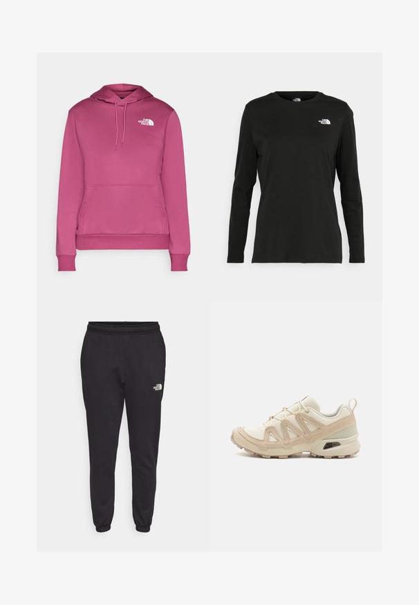 Roza kapuca majica iz mekog materijala, s prednjim kenguru džepom, rebrastim manžetama i belim logotipom na grudima.; Črna majica z dolgimi rokavi iz bombaža z okroglo izrezom. Ima majhen bel logotip na levem prsnem delu. Enostaven dizajn in prileganje.; Črne trenirke iz mešanice mehke bombažne tkanine. Imajo elastičen pas, obliko ozkih hlačnic in majhen bel logotip na spodnjem desnem delu.; Bež in krem športni čevlji z teksturiranim mrežastim zgornjim delom, podpornimi prekrivali in gumijastim podplatom z vzorcem za oprijem.