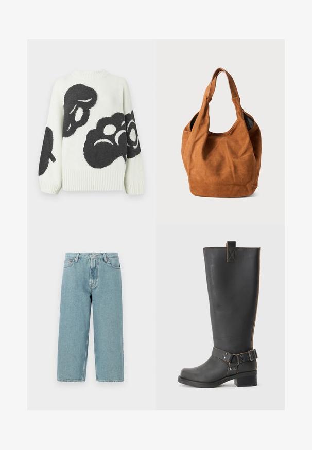 Megztinis iš smėlio spalvos siūlų su dideliais abstrakčiais juodais raštais. Turi ribą prie kaklo ir plačias rankoves, suteikiančias patogų, laisvą siluetą.; Šviesiai mėlynos džinsinės šortai su aukštu liemeniu, tiesiu kirpimu ir neapdorotu kraštu. Yra klasikinis sagtys ir užtrauktukas, keturios kišenės.; Juodų odinių iki kelių botų su tekstūruotu paviršiumi, šonuose su sagtimi ir žemu kulnu. Išsamus siuvinėjimas palei siūles.; Rudas zomšinis petinis krepšys su minkštu paviršiumi, išlenkta forma ir dviem rankenomis. Ypatybių sąraše minimalus dizainas be matomų metalinių detalių ar akcentų.