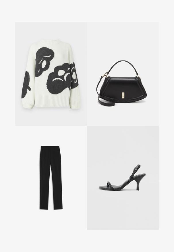 Sweter dziany w kremowym kolorze z dużymi czarnymi abstrakcyjnymi wzorami. Posiada prążkowany okrągły dekolt i szerokie rękawy dla luźnego dopasowania.; Czarne spodnie o dopasowanym kroju z prostymi nogawkami, z przednimi kieszeniami i gładką, teksturowaną tkaniną. Schludne, minimalistyczne wykończenie.; Czarne skórzane sandały na wysokim obcasie z cienkim, zakrzywionym obcasem i skrzyżowanym wzorem pasków. Regulowany pasek na kostkę. Gładka faktura.; Czarna skórzana torebka o strukturalnym designie, z przyciętą formą, górnym uchwytem i złotymi akcentami. W zestawie regulowany pasek na ramię.