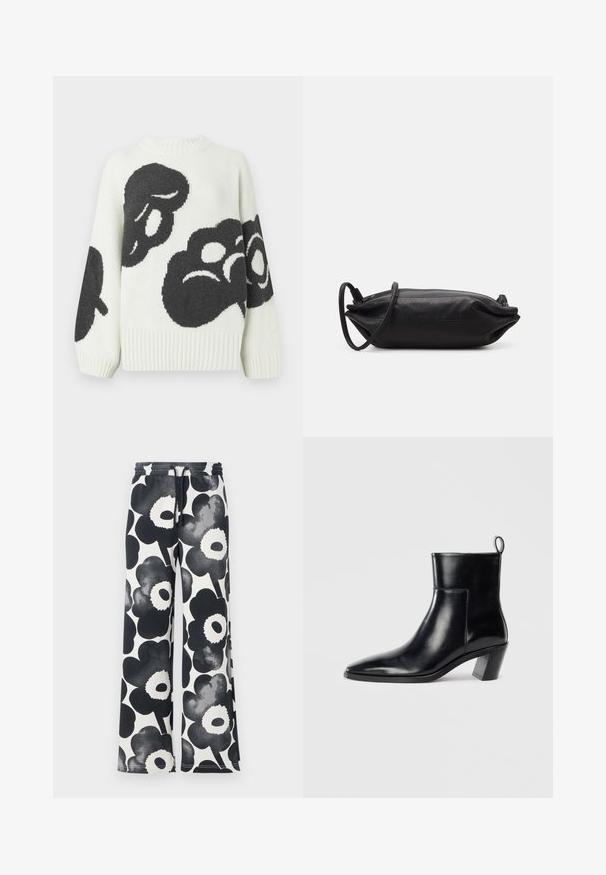 Pulover tricotat crem cu modele abstracte negre mari. Are guler rotund cu reie și mâneci largi pentru un fit lejer.; Pantaloni largi cu un model floral alb-negru, având talie cu șnur și o textură netedă, cu mari modele stilizate de flori.; Cizme negre din piele până la gleznă, cu vârful ascuțit, toc geometric patrulat și un manșon pentru tragere în spate. Textură netedă și design elegant.; Geantă de mână din piele neagră, cu o formă rectanguală, textură netedă, curea subțire pentru umăr și design minimalist.