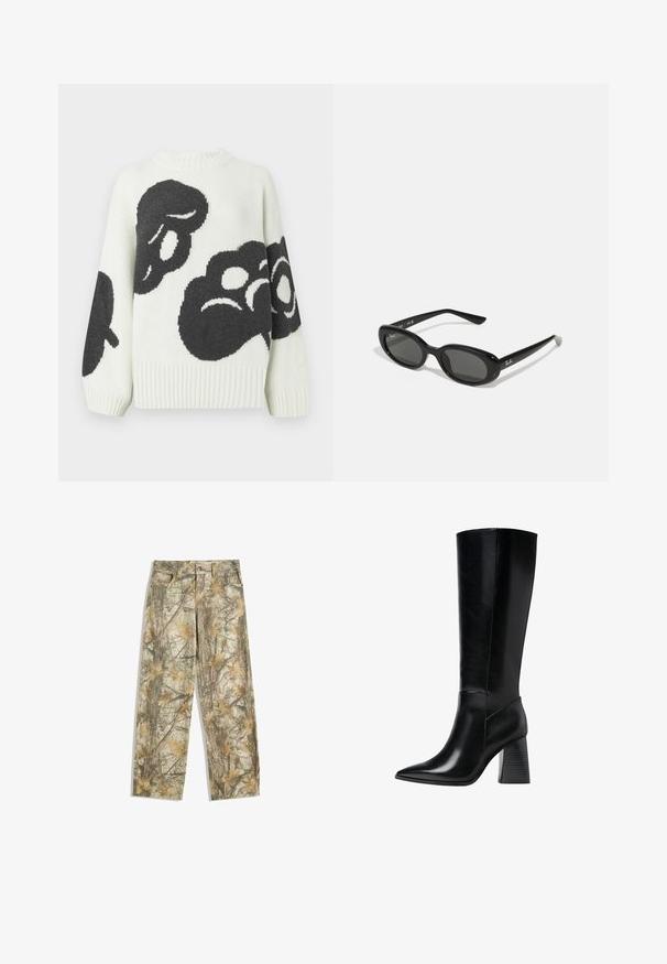 Neulottu villapaita kermanvärisenä, jossa suuret mustat abstraktit kuviot. Varustettu resoroidulla pyöreällä kauluksella ja leveillä hihoilla, jotka takaavat rentoutuneen istuvuuden.; Takit vaatteet, joissa on monivärinen vihreä ja ruskea lehtikuosi, jossa on vakioviisi-taskuinen muotoilu ja löysä istuvuus.; Polvisuoju mustat nahka-saappaat teräväkärkisillä, sileillä pinta-aloilla ja tukevalla uritetulla korolla vakauden saavuttamiseksi. Tyylikäs muotoilu, jossa on minimaaliset yksityiskohdat.; Mustat aurinkolasit, joissa on soikeat linssit, kiiltävä muovikehys ja kapeat varret. Sivussa on valkoinen Ray-Ban-logo.; Mustapahalla varustettu käsilaukku, jossa on kultaiset yksityiskohdat, allekirjoitusklipsi, irrotettava olkahihna ja teksturoitu pinta.