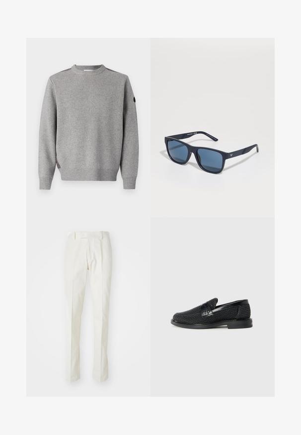 Grå strikket genser med ribbestruktur, rund hals, og kontrasterende detaljer på skuldrene. Mansjettene er også ribbet.; Hvite bukser laget av bomull, med rett ben-design, flat front og uten synlige mønstre eller metallkomponenter. Glatt tekstur.; Sorte vevde slip-on sko med en glatt lærdetalj på overdelen, design med rund tå og en lavprofil gummisåle.; Blå rektangulære solbriller med mørke linser, matt marineblå ramme, logo-detajler på stengene, rette armer og en solid, glatt tekstur.