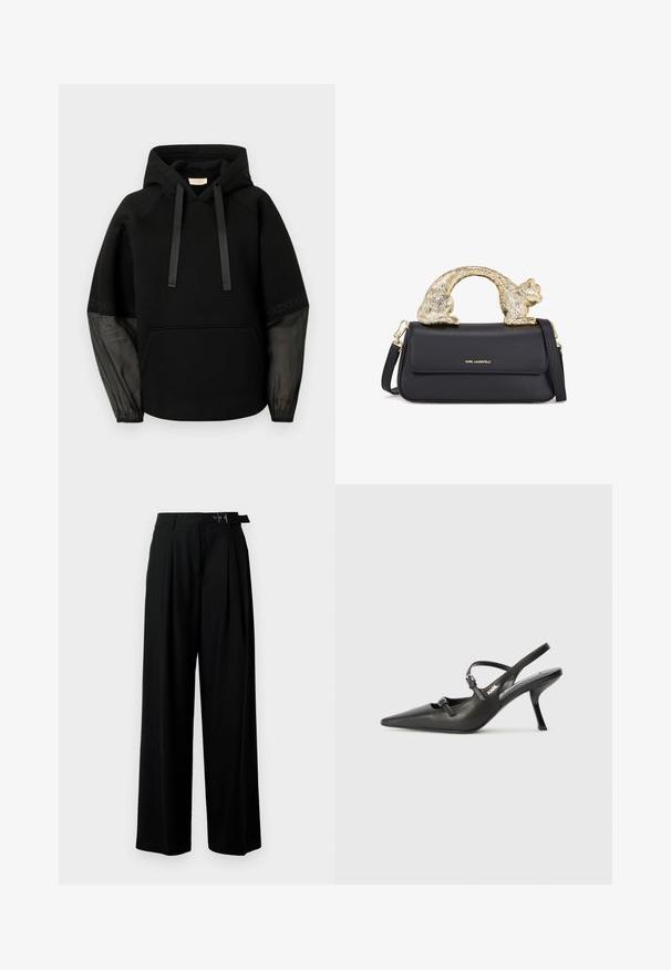 Melna kapuce ar priekšējo kabatu, dekorēta ar satīna lentām kā auklām un caurspīdīgām, rakstainām piedurknēm. Mīksts audums ar brīvu, ērta piegriezuma fitu.; Melnā drānā kleita, kas izgatavota no teksturēta auduma, ar vairākiem slāņiem un saplācotu kakla izgriezumu, radot apjomīgu siluetu.; Melni plaši bikses ar augsto jostasvītru, priekšā ar krokojiem un jostu ar sprādzi. Izgatavotas no gludas, vieglas auduma.; Melnas ādas slingback papēži ar norādītu purngalu, izsmalcinātu papēdi un dekoratīvu sprādzi uz priekšpuses. Gluda tekstūra un elegants dizains.; Melnā ādas rokassoma ar zeltītu kaķa formas rokturi, ar priekšējo vāku, regulējamu siksnu un logo detaļu apakšējā priekšā.