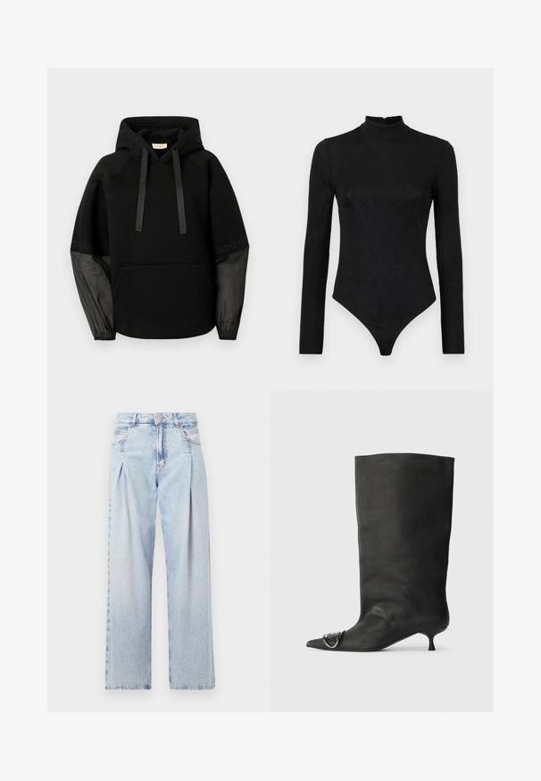 Musta kapuutsiga pusa esitaskuga, millel satiinist paelad ja läbipaistvad mustrilised varrukad. Pehme kangas ja mugav istuvus.; Mustas pikkade varrukatega bodi kõrge kaelusega ja peene tekstuuriga. Omab seljaosast lukku ja stringi stiilis alumist osa.; Heledad sinise denimist valmistatud teksapüksid kõrge vöökohaga, laia jala lõikega, kahe külje taskuga ja pleedi disainiga. Pehme tekstuur ja pleekinud viimistlus.; Must musta põlve kõrgune saapakäik terava nina, väike konts ja metallist aktsentdetail nina peal. Ühtlane, matt tekstuur kogu ulatuses.